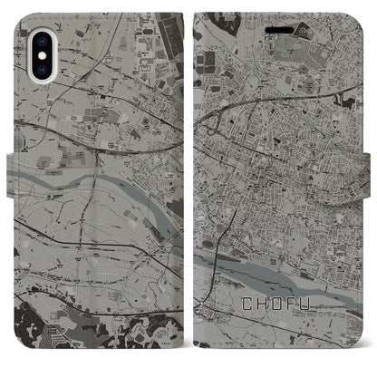 【調布（東京都）】地図柄iPhoneケース（手帳タイプ）モノトーン・iPhone XS Max 用