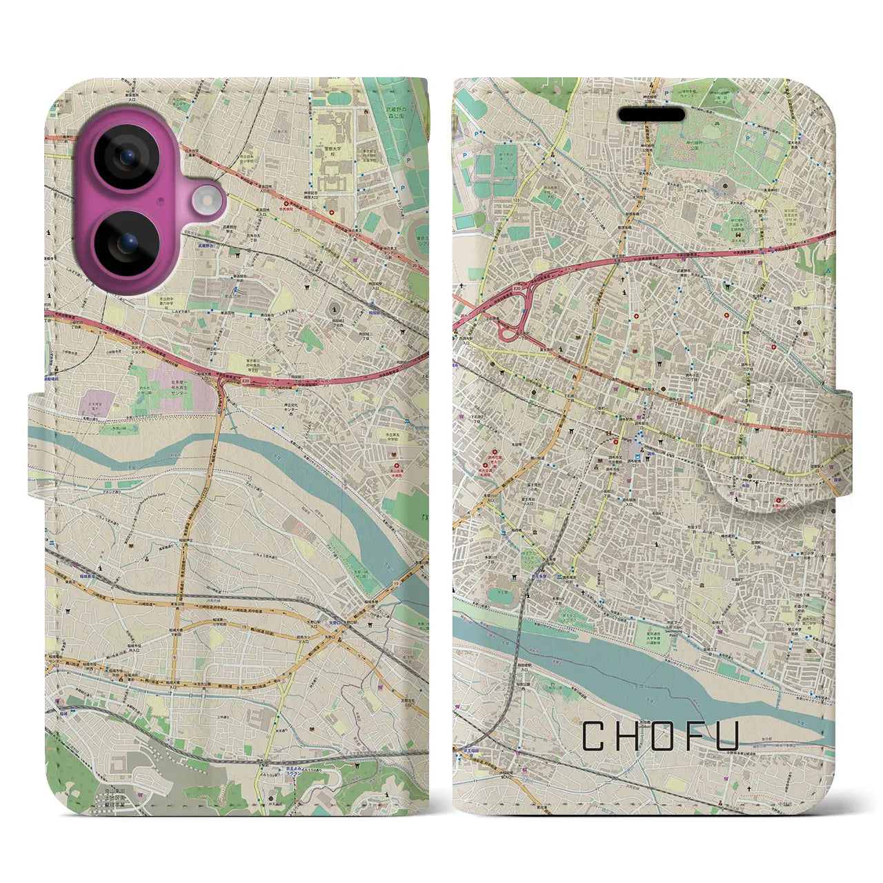 【調布（東京都）】地図柄iPhoneケース（手帳タイプ）ナチュラル・iPhone 16 Pro 用