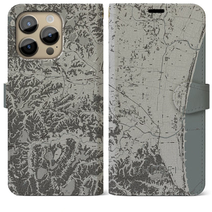 【長生（千葉県）】地図柄iPhoneケース（手帳タイプ）モノトーン・iPhone 14 Pro Max 用