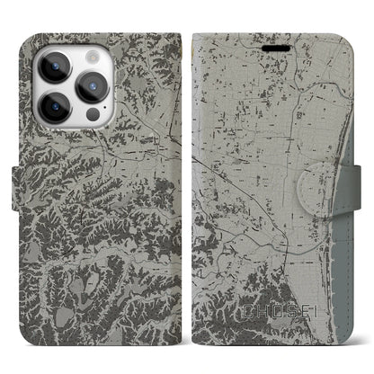 【長生（千葉県）】地図柄iPhoneケース（手帳タイプ）モノトーン・iPhone 14 Pro 用