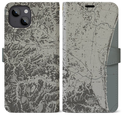 【長生（千葉県）】地図柄iPhoneケース（手帳タイプ）モノトーン・iPhone 14 Plus 用