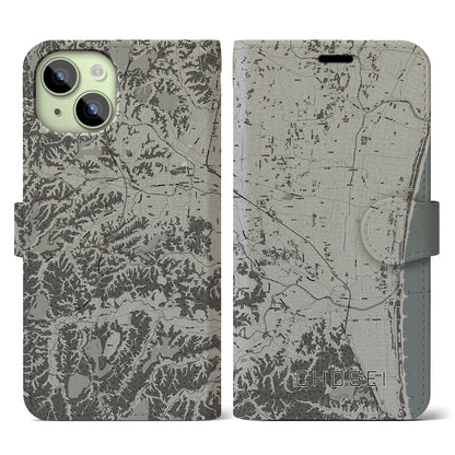 【長生（千葉県）】地図柄iPhoneケース（手帳タイプ）モノトーン・iPhone 15 用