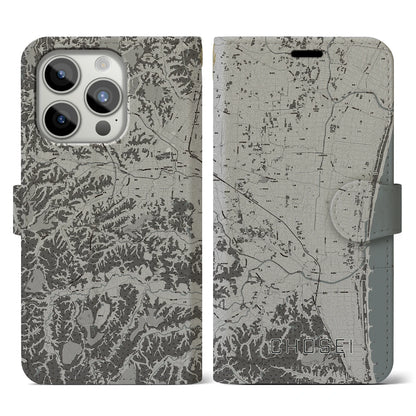 【長生（千葉県）】地図柄iPhoneケース（手帳タイプ）モノトーン・iPhone 15 Pro 用