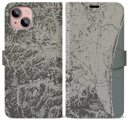 【長生（千葉県）】地図柄iPhoneケース（手帳タイプ）モノトーン・iPhone 15 Plus 用