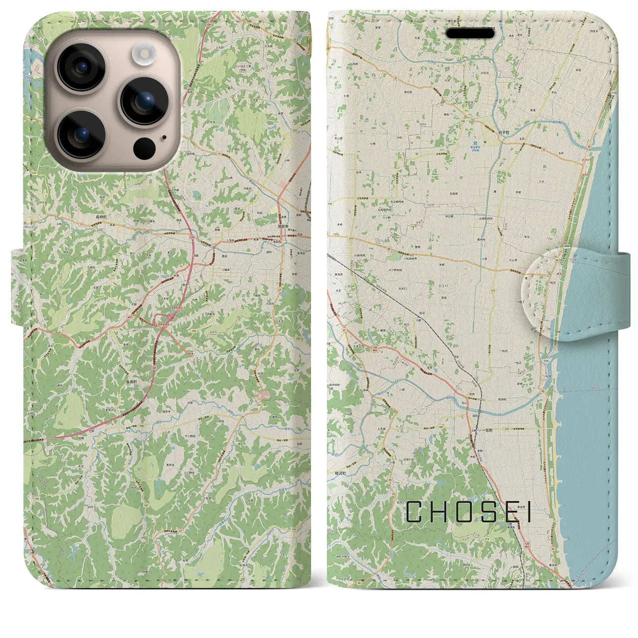 【長生（千葉県）】地図柄iPhoneケース（手帳タイプ）ナチュラル・iPhone 16 Plus 用