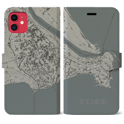 【銚子（千葉県）】地図柄iPhoneケース（手帳タイプ）モノトーン・iPhone 11 用