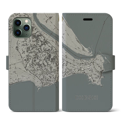 【銚子（千葉県）】地図柄iPhoneケース（手帳タイプ）モノトーン・iPhone 11 Pro 用