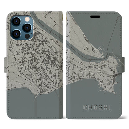 【銚子（千葉県）】地図柄iPhoneケース（手帳タイプ）モノトーン・iPhone 12 / 12 Pro 用