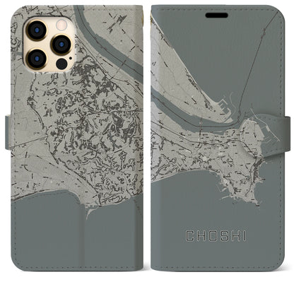 【銚子（千葉県）】地図柄iPhoneケース（手帳タイプ）モノトーン・iPhone 12 Pro Max 用