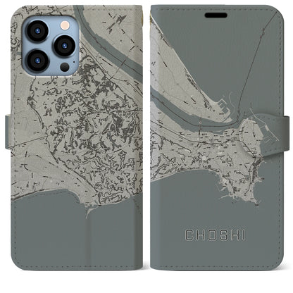 【銚子（千葉県）】地図柄iPhoneケース（手帳タイプ）モノトーン・iPhone 13 Pro Max 用