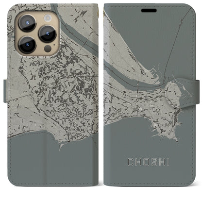 【銚子（千葉県）】地図柄iPhoneケース（手帳タイプ）モノトーン・iPhone 14 Pro Max 用