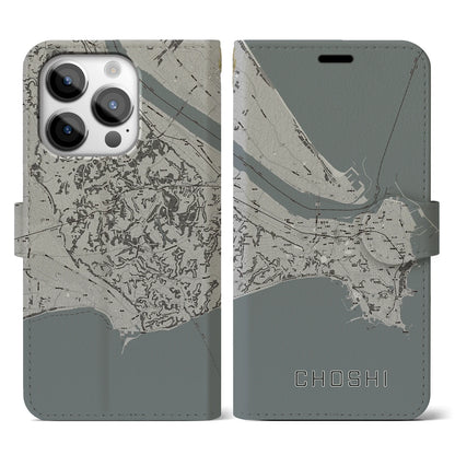 【銚子（千葉県）】地図柄iPhoneケース（手帳タイプ）モノトーン・iPhone 14 Pro 用