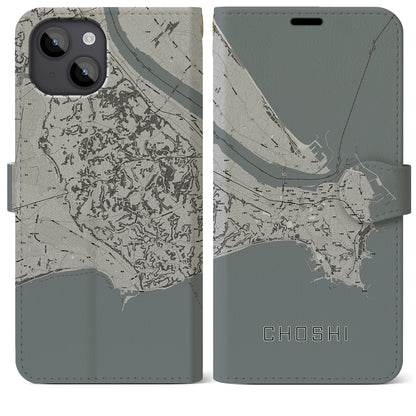 【銚子（千葉県）】地図柄iPhoneケース（手帳タイプ）モノトーン・iPhone 14 Plus 用