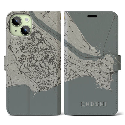 【銚子（千葉県）】地図柄iPhoneケース（手帳タイプ）モノトーン・iPhone 15 用