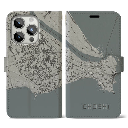 【銚子（千葉県）】地図柄iPhoneケース（手帳タイプ）モノトーン・iPhone 15 Pro 用