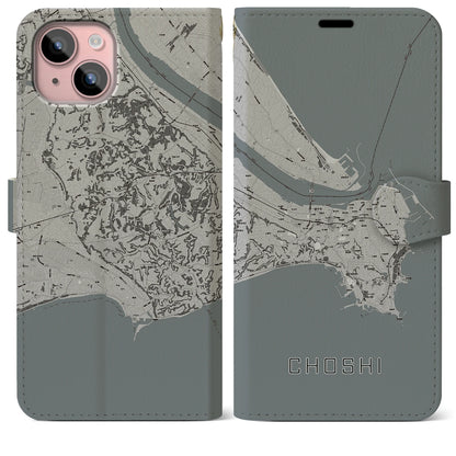 【銚子（千葉県）】地図柄iPhoneケース（手帳タイプ）モノトーン・iPhone 15 Plus 用