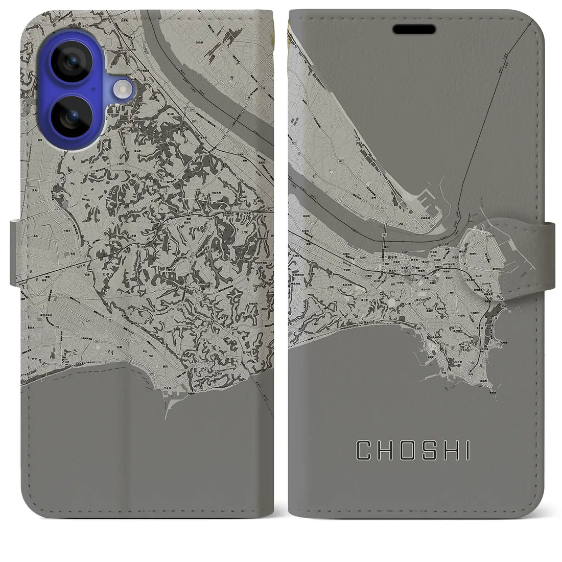 【銚子(千葉県)】地図柄iPhoneケース(手帳タイプ)モノトーン・iPhone 16 Pro Max 用