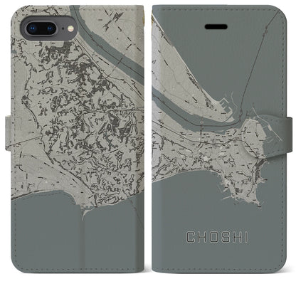 【銚子（千葉県）】地図柄iPhoneケース（手帳タイプ）モノトーン・iPhone 8Plus /7Plus / 6sPlus / 6Plus 用