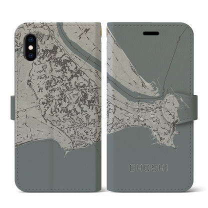 【銚子（千葉県）】地図柄iPhoneケース（手帳タイプ）モノトーン・iPhone XS / X 用