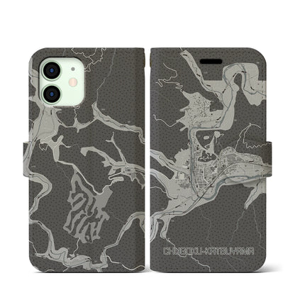 【中国勝山（岡山県）】地図柄iPhoneケース（手帳タイプ）モノトーン・iPhone 12 mini 用