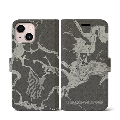 【中国勝山（岡山県）】地図柄iPhoneケース（手帳タイプ）モノトーン・iPhone 13 mini 用