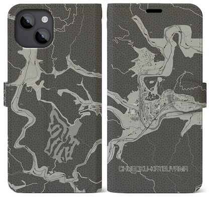 【中国勝山（岡山県）】地図柄iPhoneケース（手帳タイプ）モノトーン・iPhone 14 Plus 用