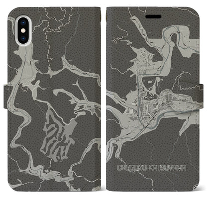 【中国勝山（岡山県）】地図柄iPhoneケース（手帳タイプ）モノトーン・iPhone XS Max 用