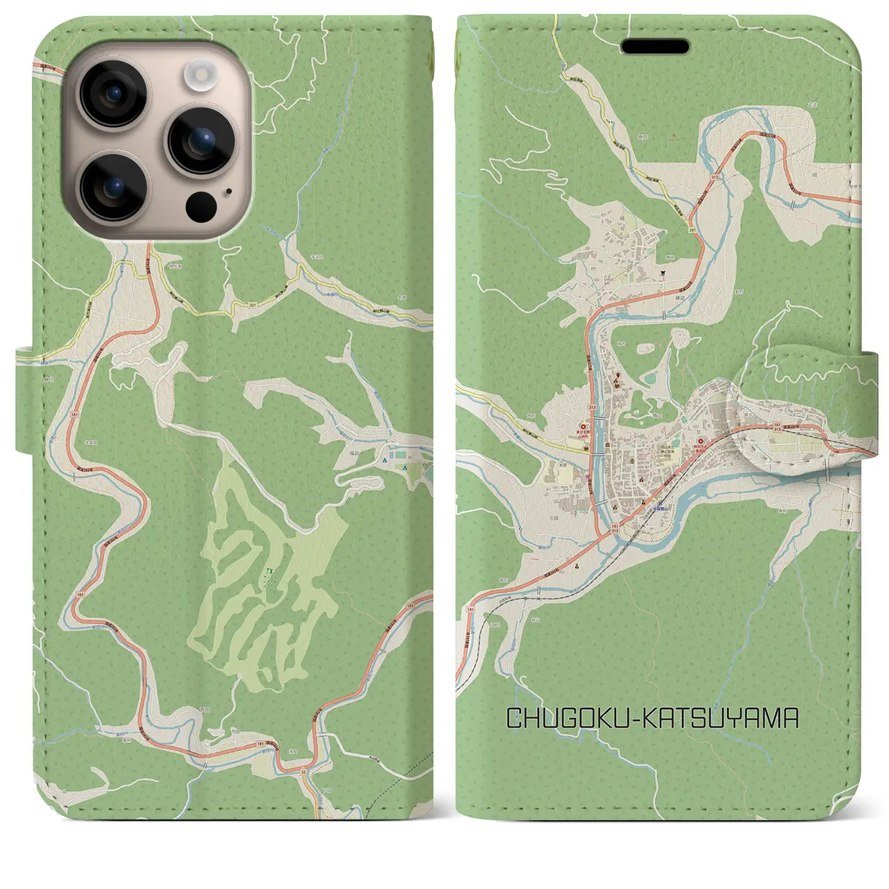 【中国勝山（岡山県）】地図柄iPhoneケース（手帳タイプ）ナチュラル・iPhone 16 Plus 用