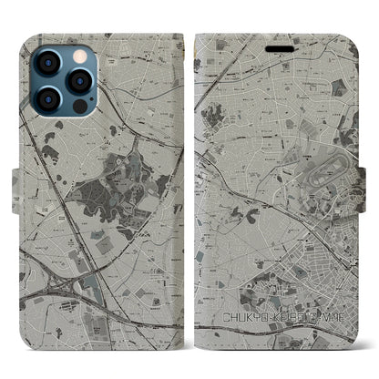 【中京競馬場前（愛知県）】地図柄iPhoneケース（手帳タイプ）モノトーン・iPhone 12 / 12 Pro 用