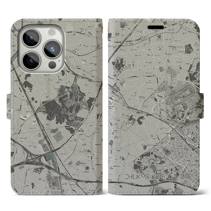 【中京競馬場前（愛知県）】地図柄iPhoneケース（手帳タイプ）モノトーン・iPhone 15 Pro 用