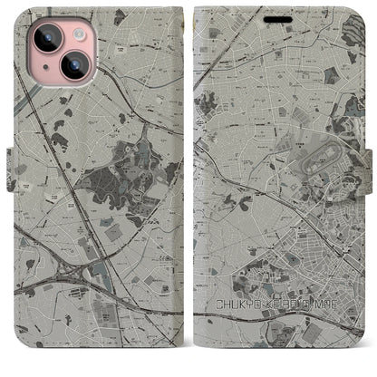 【中京競馬場前（愛知県）】地図柄iPhoneケース（手帳タイプ）モノトーン・iPhone 15 Plus 用