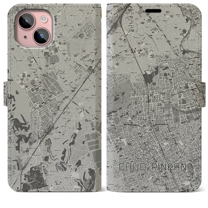 【中央林間（神奈川県）】地図柄iPhoneケース（手帳タイプ）モノトーン・iPhone 15 Plus 用