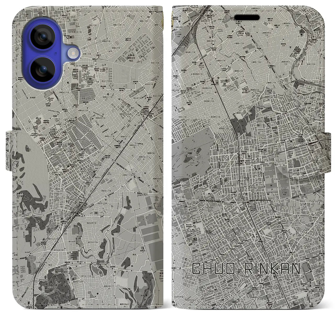 【中央林間(神奈川県)】地図柄iPhoneケース(手帳タイプ)モノトーン・iPhone 16 Pro Max 用