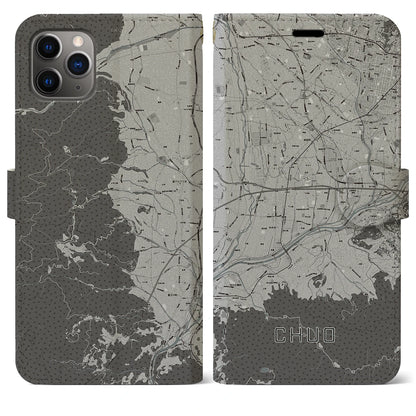 【中央（山梨県）】地図柄iPhoneケース（手帳タイプ）モノトーン・iPhone 11 Pro Max 用