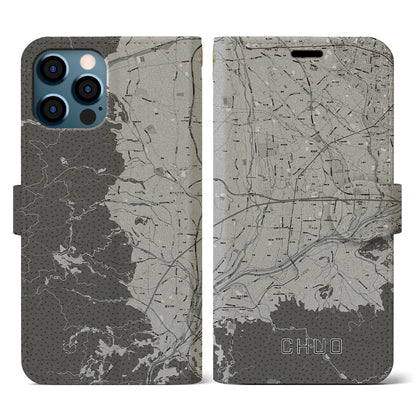 【中央（山梨県）】地図柄iPhoneケース（手帳タイプ）モノトーン・iPhone 12 / 12 Pro 用