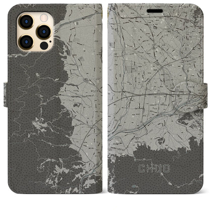 【中央（山梨県）】地図柄iPhoneケース（手帳タイプ）モノトーン・iPhone 12 Pro Max 用