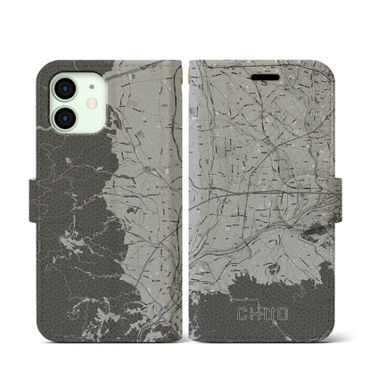 【中央（山梨県）】地図柄iPhoneケース（手帳タイプ）モノトーン・iPhone 12 mini 用