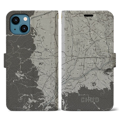 【中央（山梨県）】地図柄iPhoneケース（手帳タイプ）モノトーン・iPhone 13 用