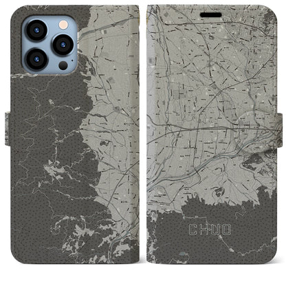 【中央（山梨県）】地図柄iPhoneケース（手帳タイプ）モノトーン・iPhone 13 Pro Max 用