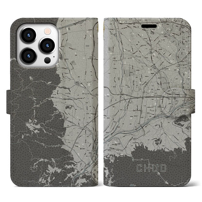 【中央（山梨県）】地図柄iPhoneケース（手帳タイプ）モノトーン・iPhone 13 Pro 用