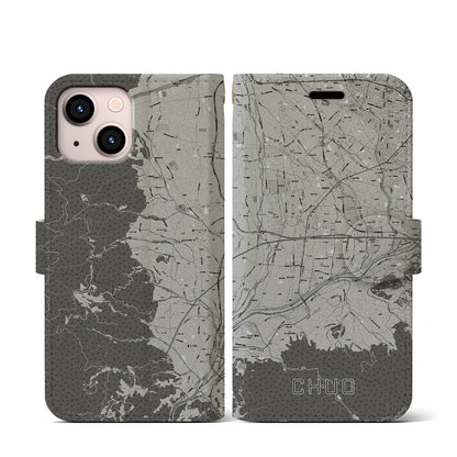 【中央（山梨県）】地図柄iPhoneケース（手帳タイプ）モノトーン・iPhone 13 mini 用