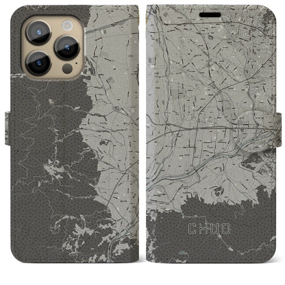 【中央（山梨県）】地図柄iPhoneケース（手帳タイプ）モノトーン・iPhone 14 Pro Max 用