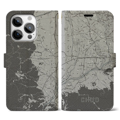 【中央（山梨県）】地図柄iPhoneケース（手帳タイプ）モノトーン・iPhone 14 Pro 用