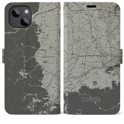 【中央（山梨県）】地図柄iPhoneケース（手帳タイプ）モノトーン・iPhone 14 Plus 用