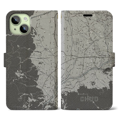 【中央（山梨県）】地図柄iPhoneケース（手帳タイプ）モノトーン・iPhone 15 用