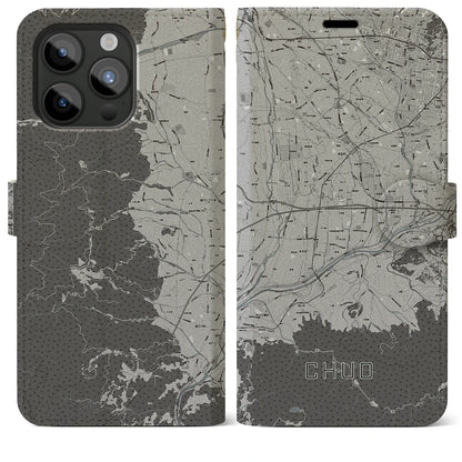 【中央（山梨県）】地図柄iPhoneケース（手帳タイプ）モノトーン・iPhone 15 Pro Max 用