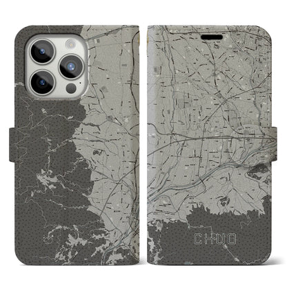 【中央（山梨県）】地図柄iPhoneケース（手帳タイプ）モノトーン・iPhone 15 Pro 用
