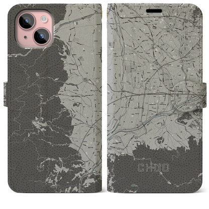 【中央（山梨県）】地図柄iPhoneケース（手帳タイプ）モノトーン・iPhone 15 Plus 用