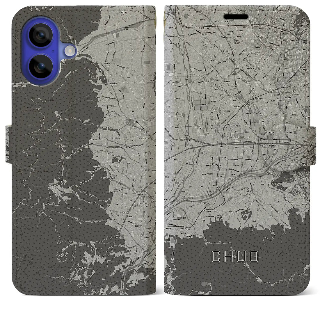 【中央(山梨県)】地図柄iPhoneケース(手帳タイプ)モノトーン・iPhone 16 Pro Max 用