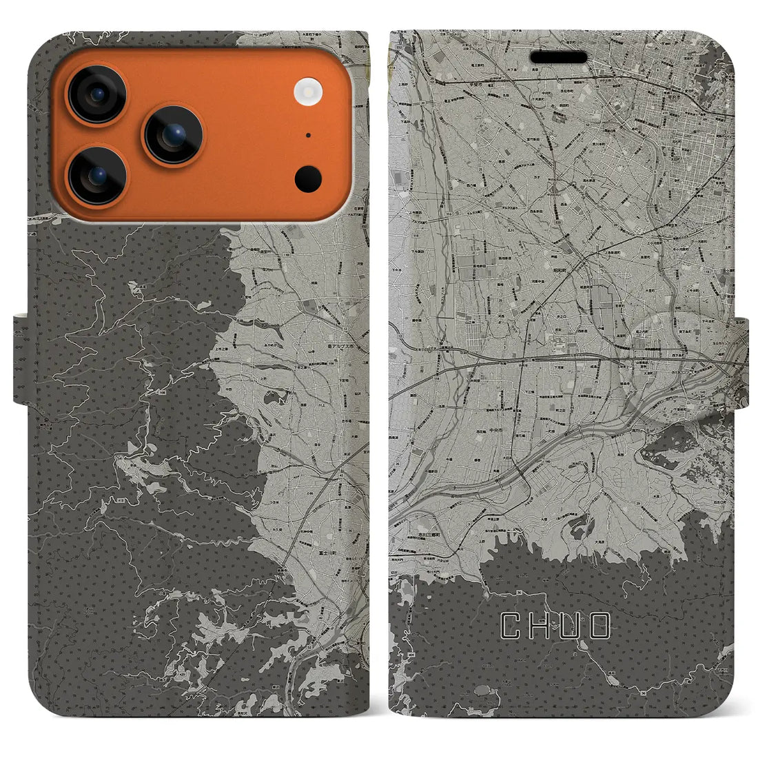【中央（山梨県）】地図柄iPhoneケース（手帳タイプ）